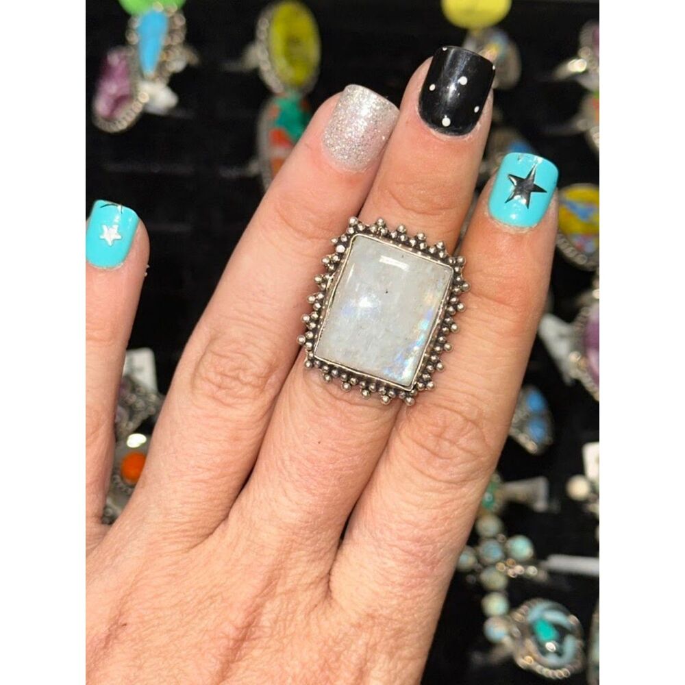 Square Moonstone Sterling Silver Overlay Ring Size 6